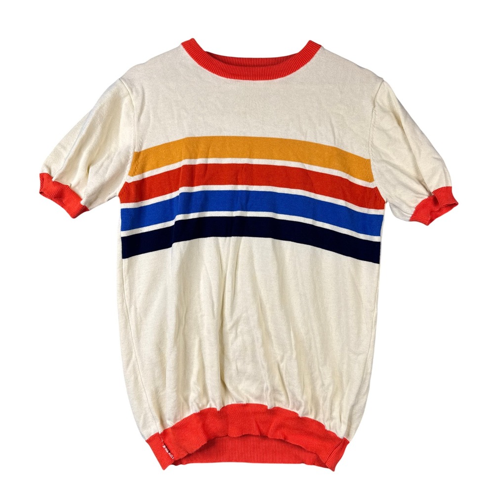 OXKNIT Mens XL Short Sleeve Cotton Knit Striped Retro Sweater Off-White